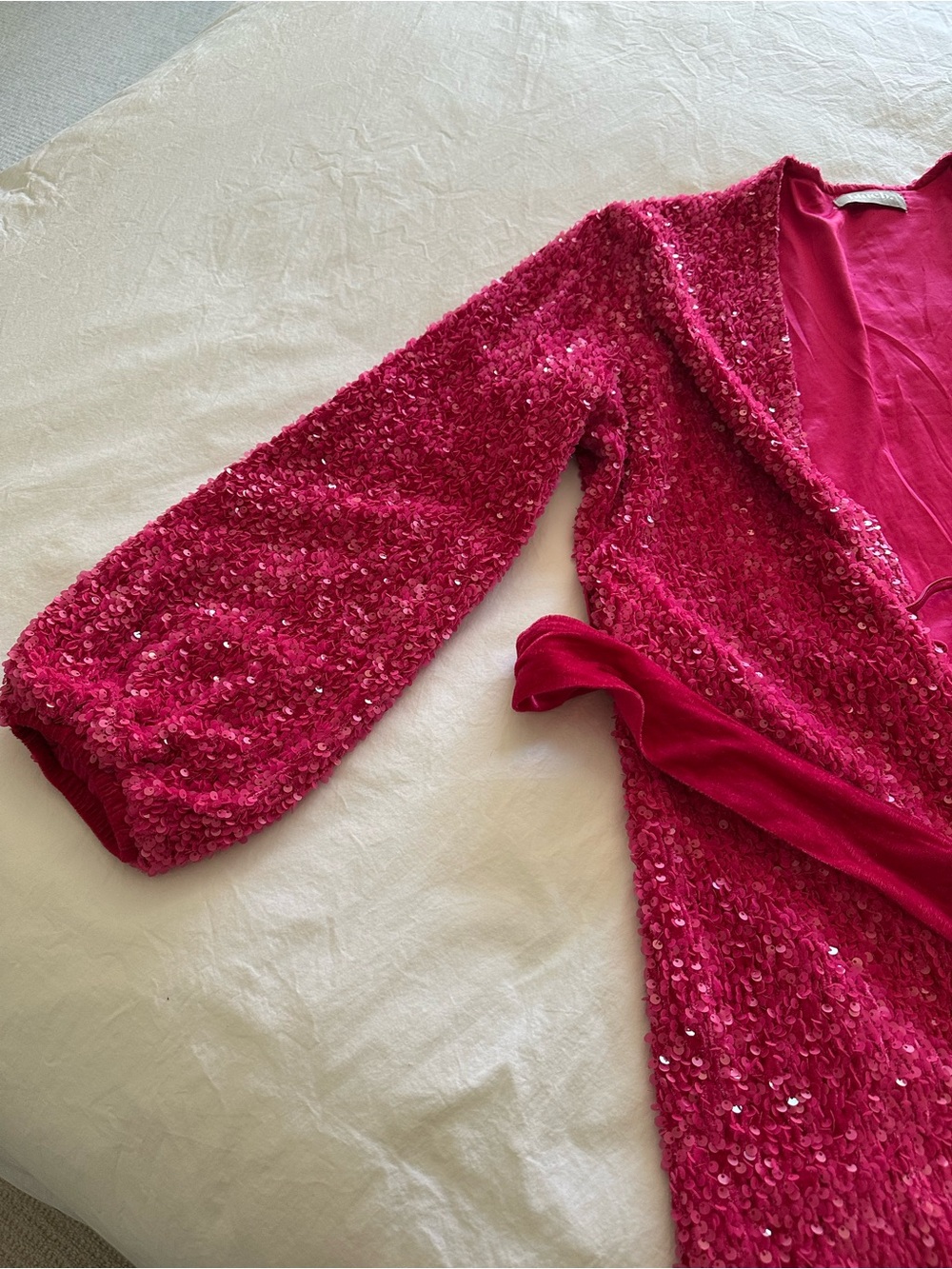 Blue B Collection, Bright Pink Sequin Wrap Mini Dress with Belt, size large - Picture 15 of 16